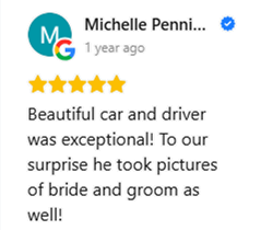 Beautiful car and driver was exceptional! To our surprise he took pictures of the bride and groom as well!