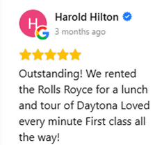 Wonderfull experience with this service<br />We came to visit Daytona a nd hired the Rolls Royce for a lunch and tour of the town and so enjoyed every minute<br />Stopped for champagne and the driver was English and very knowledgeable<br />Highly recommend thank you<br />